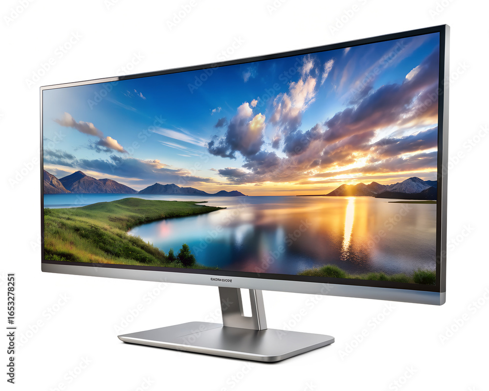 Fototapeta premium Modern curved ultrawide computer monitor display with a scenic landscape on screen, isolated on transparent background