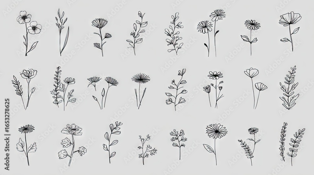 Obraz premium Collection of outline botanical illustrations.
