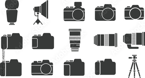 A vintage camera icon set with old film equipment and a retro lens is a classic photographic object