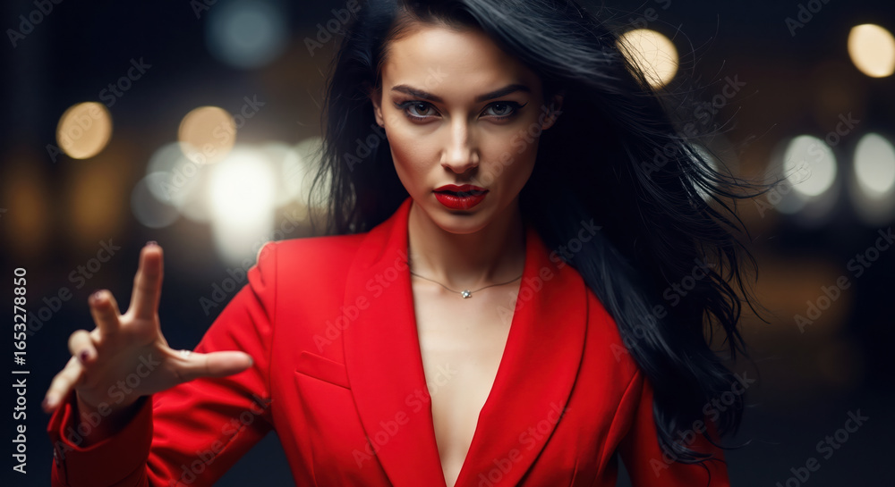 Naklejka premium Woman in red blazer with deep neckline extending hand toward camera against urban background with bokeh lights. Professional fashion for business and evening wear