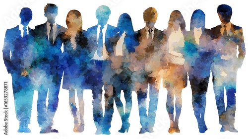 A group of business people standing in a row, silhouetted against a colorful watercolor background. The individuals are dressed in suits and ties, with a mix of blue, orange, and brown hues.
