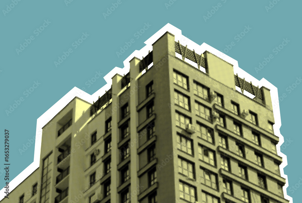 Fototapeta premium Building collage in retro halftone style. Creative concrete multistorey block with patterned window