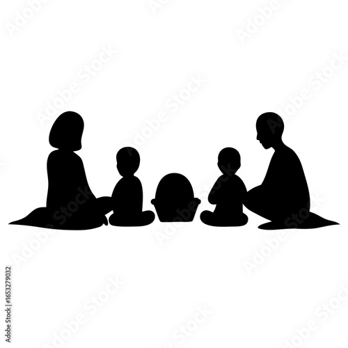 Family silhouette sitting with basket or bowl between children and parents