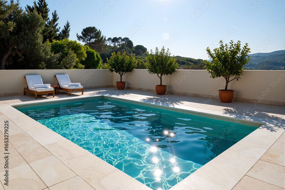 Fototapeta premium Beautiful rectangular swimming pool at a luxury villa, with clear blue water, stone patio, and lounge chairs for a relaxing summer vacation in a scenic location