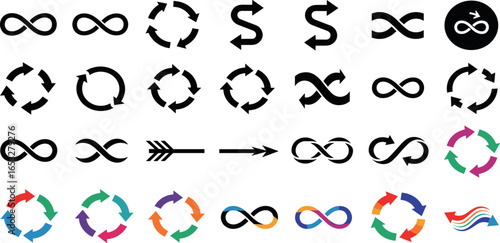 A diverse vector set of infinity symbols and circular arrow icons representing the concept of endless loops and continuous processes.