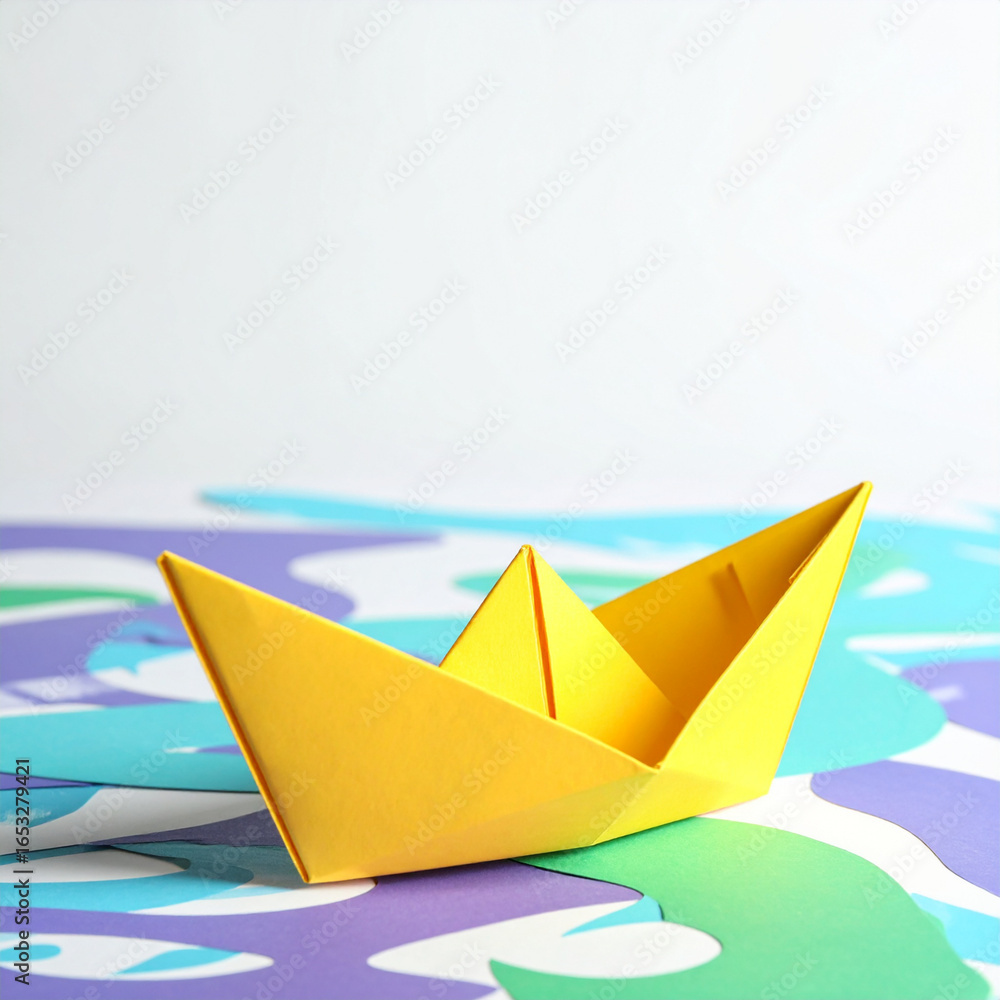 Naklejka premium Surreal Paper Boat Sailing Through Colorful Waves
