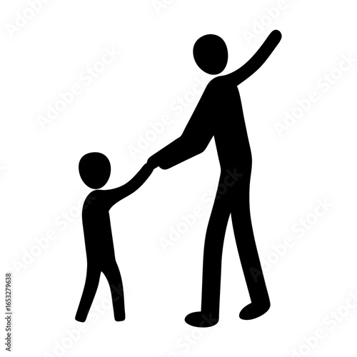 Stick Figure Father Holding Hand of Small Child, Supporting and Encouraging