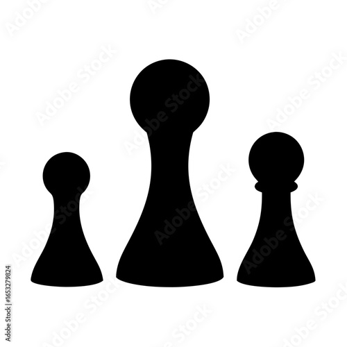 Three black game pieces lined up on a white background illustration