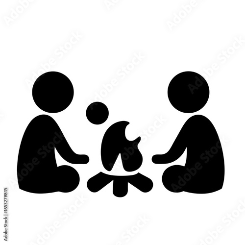Illustration of two people sitting around a campfire, with a child nearby