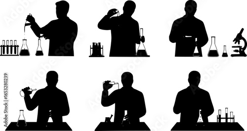 Illustration of a scientist in a lab coat conducting an experiment with beakers and lab equipment present | editable eps vectors silhouette