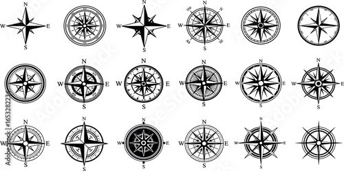 Vector set of diverse compass rose icons. Collection of symbols for navigation, direction, cartography, and exploration.