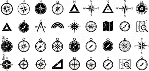 Set of compass rose and navigation icons. Vector collection of directional symbols, maps, and geographic tools for travel and adventure.