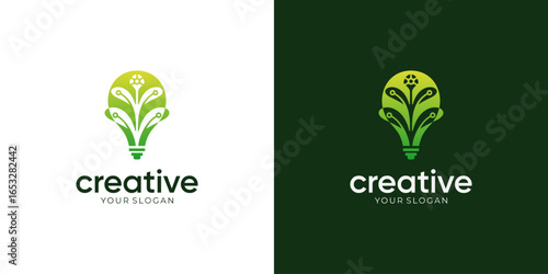 Combined Concept of Tech Plants in Light Bulbs, Logo Design Vector Inspirations.