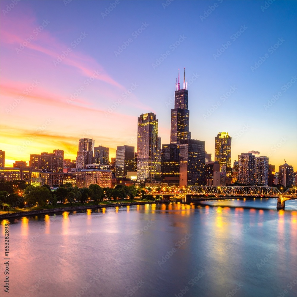 Fototapeta premium City skyline at sunset with glowing lights and dramatic sky