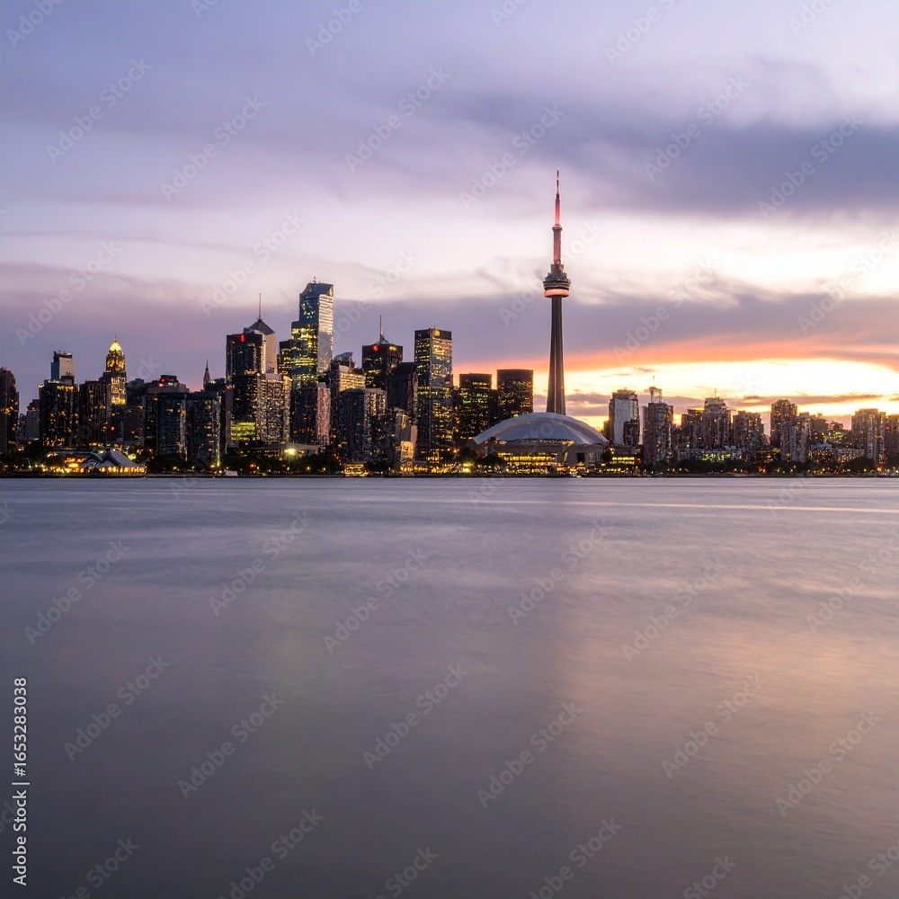 Fototapeta premium City skyline at sunset with glowing lights and dramatic sky