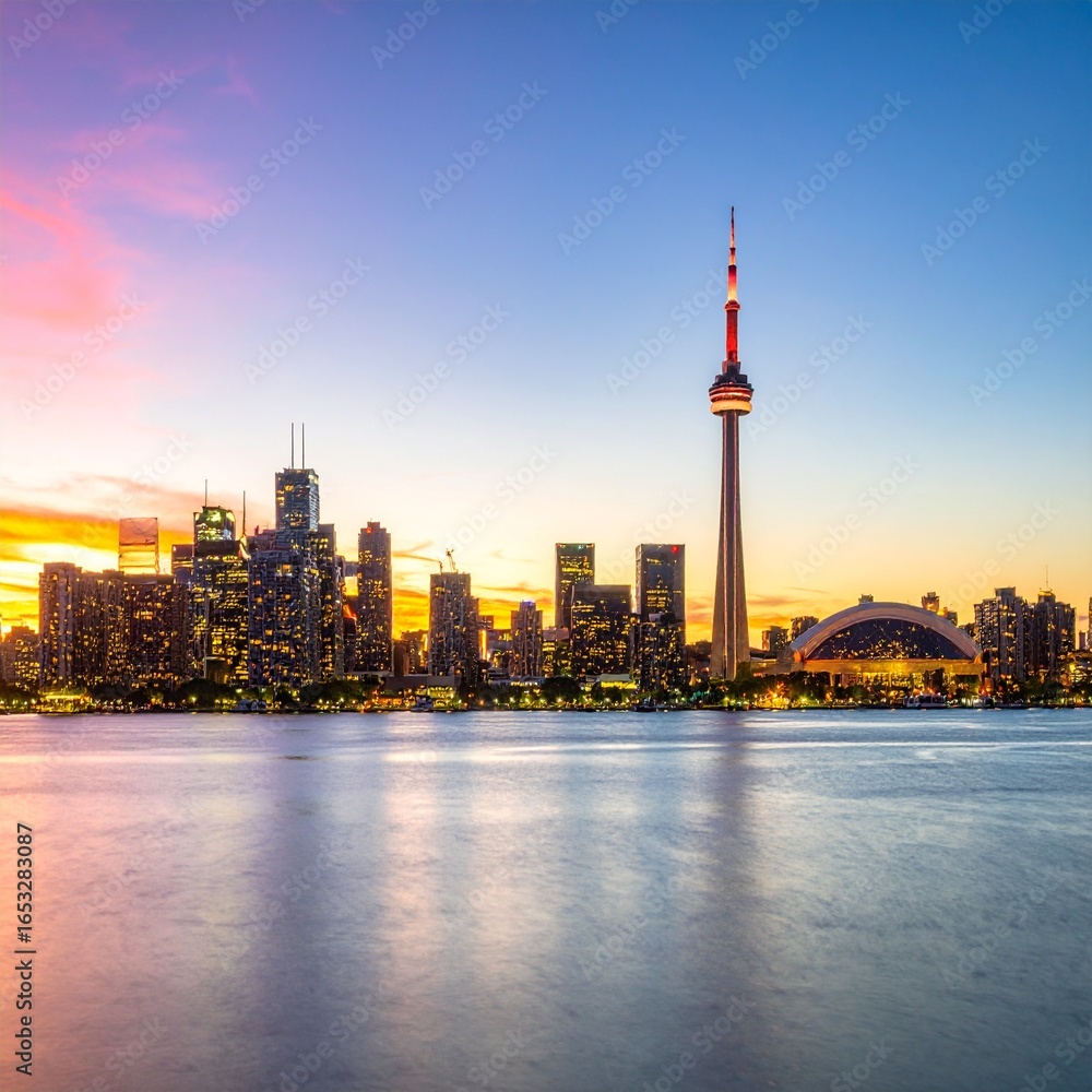 Fototapeta premium City skyline at sunset with glowing lights and dramatic sky