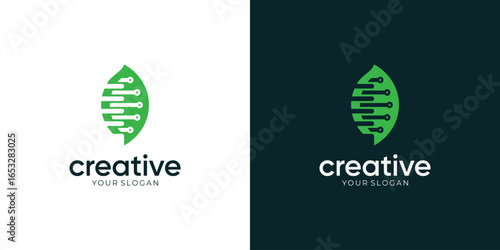 Combined Concept of Green Leaf and Digital Tech Logo Design Vector Ideas.