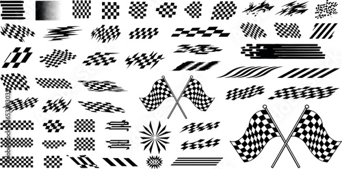 A comprehensive set of checkered flag graphics, speed marks, and racing symbols for competition and victory concepts.