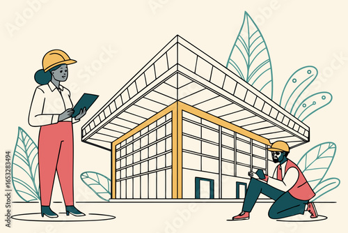 Engineers inspecting construction site of modern building isolated on white background