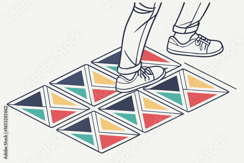Person walking on a colorful geometric tile floor isolated on white background
