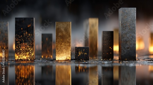 A row of black and gold rectangular pillars with a reflective surface, emitting a golden glow, set against a dark background with a few scattered lights.