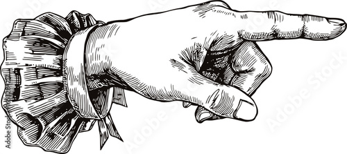 Vector engraving hand of gentleman or senior in pointing finger gesture. Vintage old book style illustration.