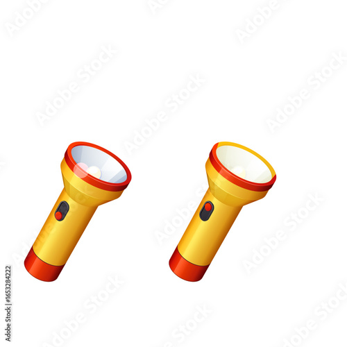 Set of two yellow cartoon flashlights in on and off states. Simple vector icon of a portable electric torch.