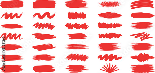 A diverse set of hand-drawn red brush strokes and paint textures. Collection of artistic vector design elements, including scribbles, underlines, and grunge marks for creative projects.