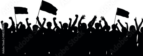 Silhouette of a large crowd of people protesting with flags. Concept of revolution, demonstration, and social unrest.