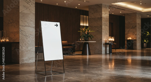 Blank Directional Sign in Modern Hotel Lobby