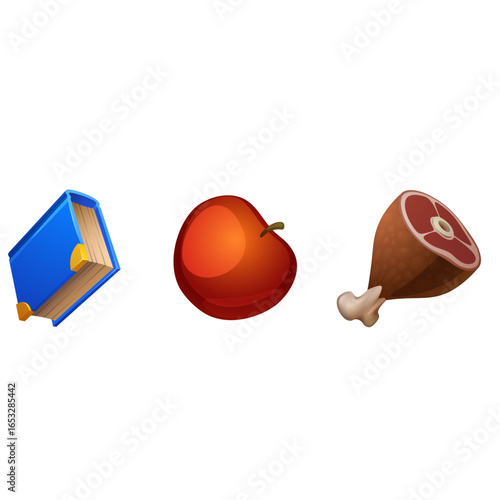 Set of icons book, apple, and meat slice on a white background