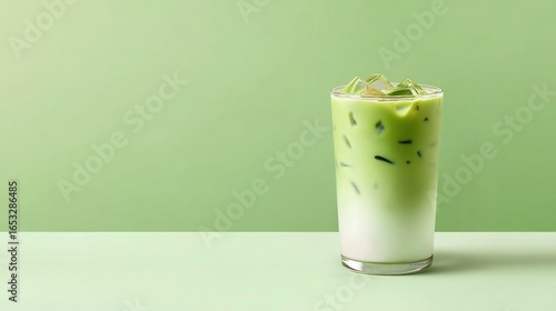 Refreshing iced matcha latte recipe green tea drink with milk and ice cubes healthy summer beverage idea