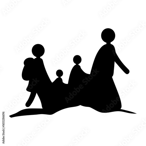 Stylized black silhouette of camel caravan with three riders, minimalist vector art