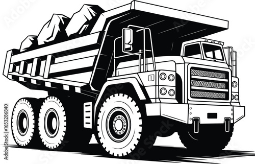 Heavy Duty Dump Truck Black and White Vector Illustration.