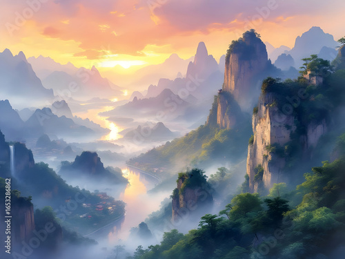 Watercolor painting of Guilin in China at dawn
