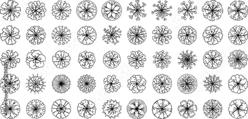 Set of top view tree and plant symbols for landscape design and architectural plans. Collection of black outline vector line art icons on a white background.