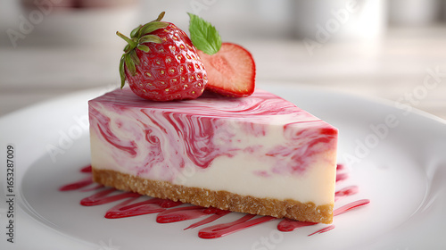Strawberry cheesecake slice, topped with fresh berries and a swirl of strawberry sauce on a white plate.