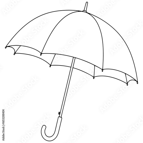 A detailed black and white vector illustration of an open umbrella from a top-down view, highlighting its intricate spokes and geometric design on a white background.

