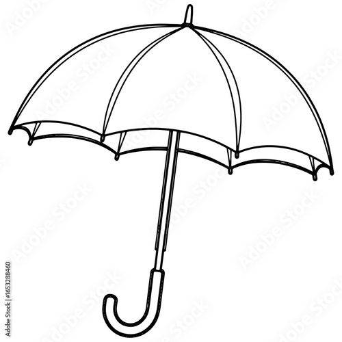 A classic black and white illustration of an open umbrella, featuring both thick and thin lines for a detailed and realistic rendering on a clean white background.

