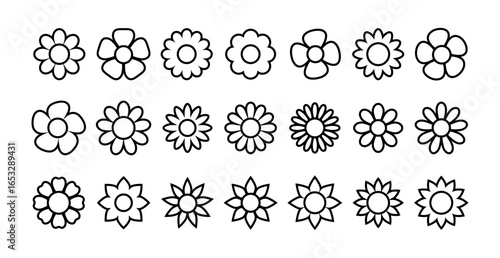 Beautiful floral icon set in different line style on white background. Decorative daisy chamomile flower icons collection vector illustration