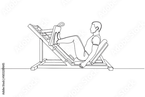 Continuous Line Drawing of  a man is doing leg press exercise on a machine isolated on white background in a gym for fitness