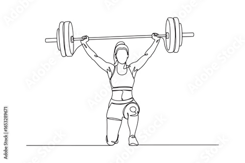 Continuous Line Drawing of a woman weightlifting with barbell overhead isolated on white background in line art style