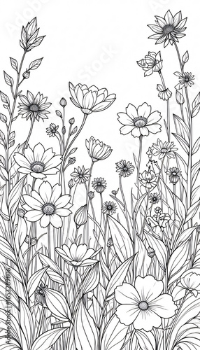 Flower meadow set in outline line art includes blooming elements and decorative foliage designed to enhance botanical illustrations and natural themed creative design project