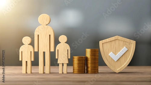 Wooden family figures with stacked coins and shield symbolizing financial protection and family insurance 
