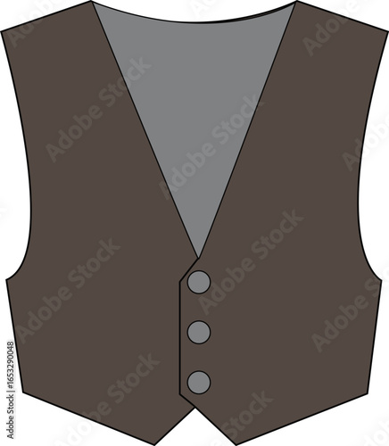 Brown formal vest front view with deep V-neck and button closure – flat fashion illustration