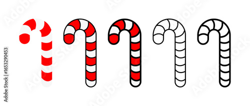 Candy cane cartoon flat and outline style icon set. Vector illustration