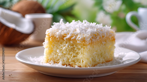 Coconut Cake Slice: A slice of tropical goodness, topped with shredded coconut, served on a plate.