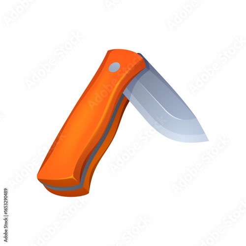 Orange handle folding pocket knife illustration isolated on a white background. Camping tool vector.