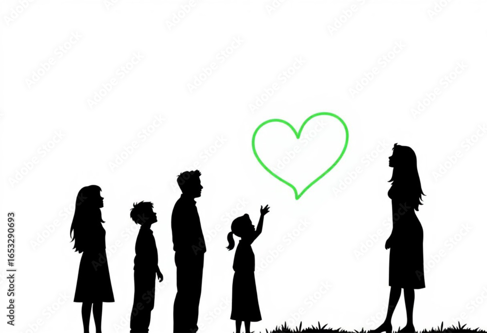 Silhueta de Família olhando para um coração no alto. Amor, carinho, felicidade, companheirismo.