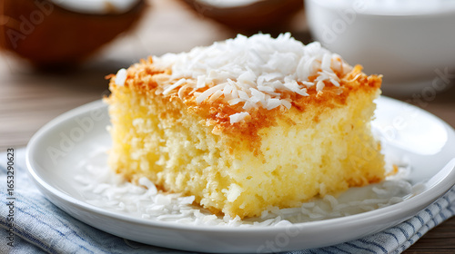 Coconut cake slice on a plate, topped with coconut flakes, beside coconuts and a linen cloth.